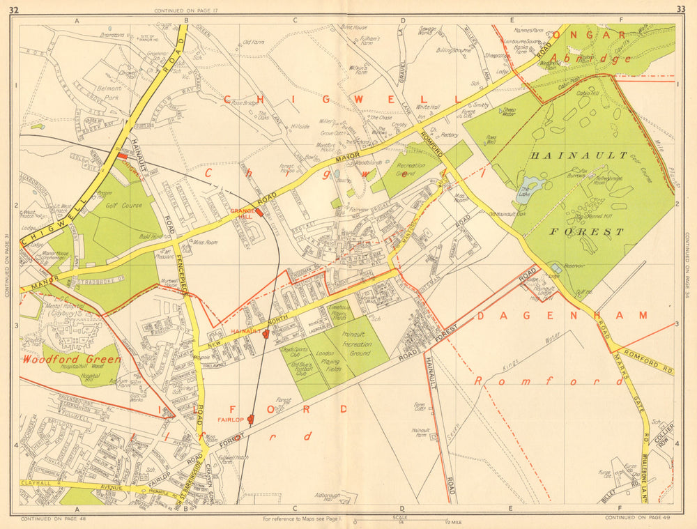 ILFORD CHIGWELL Grange Hill Woodford Green Hainault. GEOGRAPHERS' A-Z 1948 map