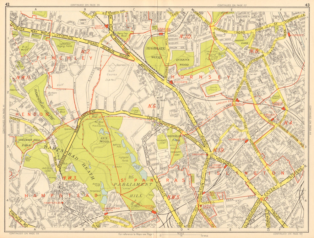 HAMPSTEAD Finchley Tufnell Park Crouch Hill Hornsey. GEOGRAPHERS' A-Z 1948 map