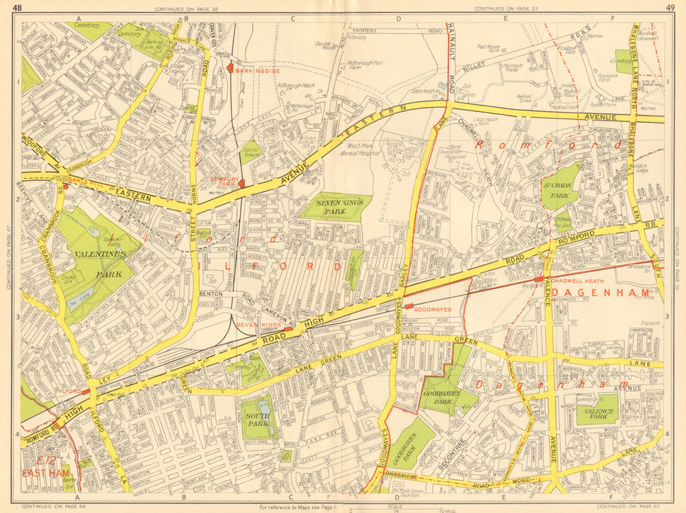ILFORD Dagenham Romford Barkingside Chadwell Heath. GEOGRAPHERS' A-Z 1948 map