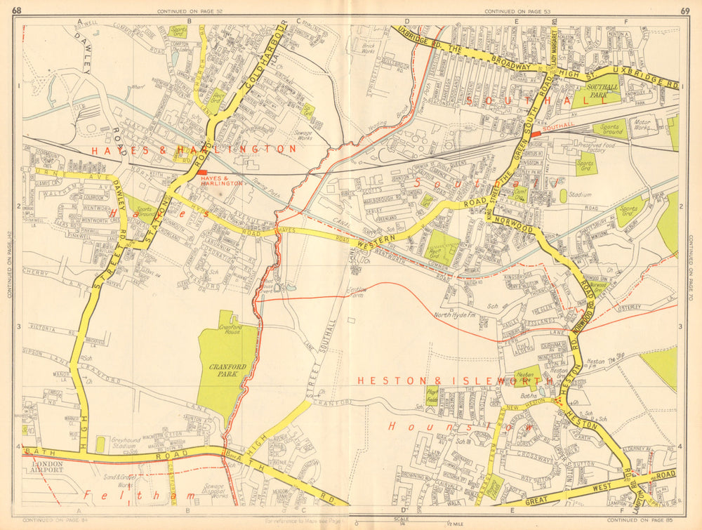 HAYES HOUNSLOW SOUTHALL Harlington Cranford Heston. GEOGRAPHERS' A-Z 1948 map