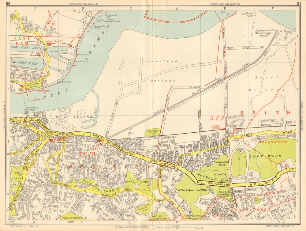 WOOLWICH Plumstead Abbey Wood Belvedere Thamesmead. GEOGRAPHERS' A-Z 1948 map