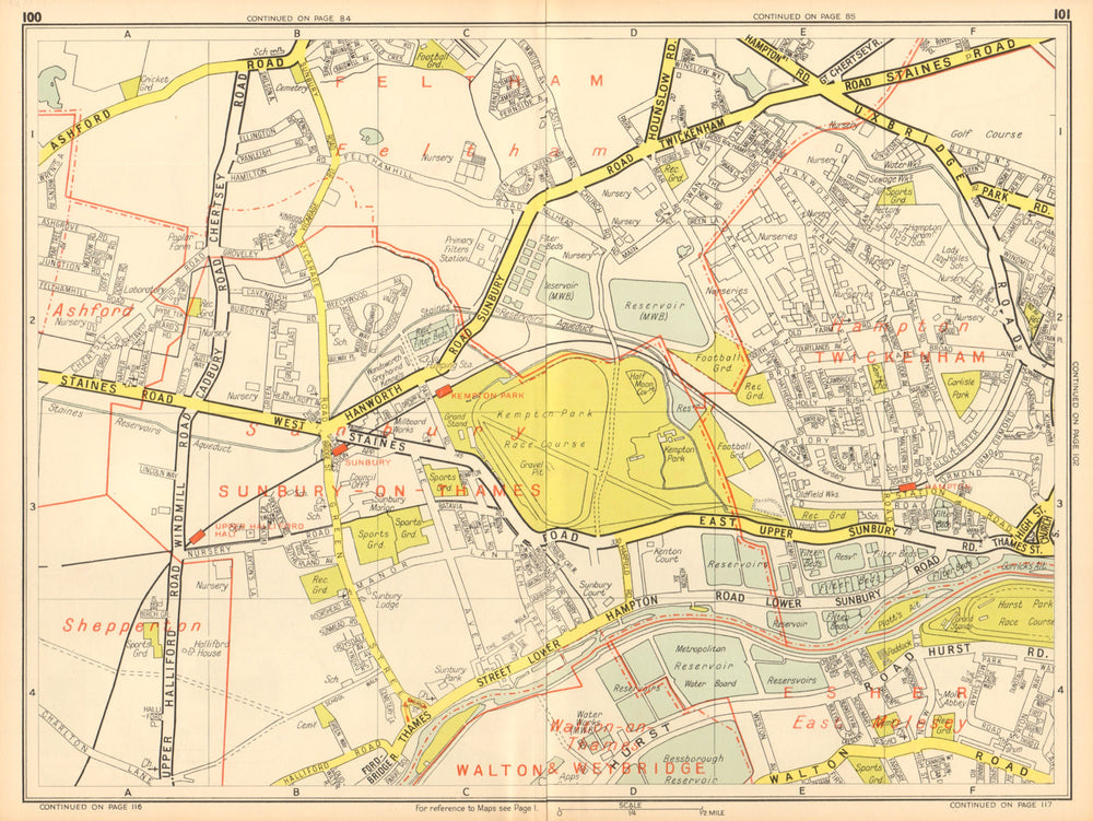 SUNBURY-ON-THAMES Hampton East Molesey Kempton Park. GEOGRAPHERS' A-Z 1948 map