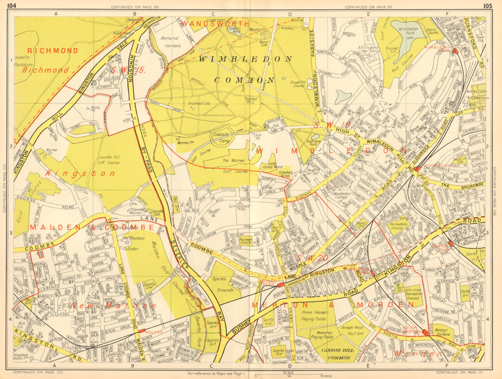 LONDON SW19 SW20 Wimbledon New Malden Kingston Merton. GEOGRAPHERS' A-Z 1948 map