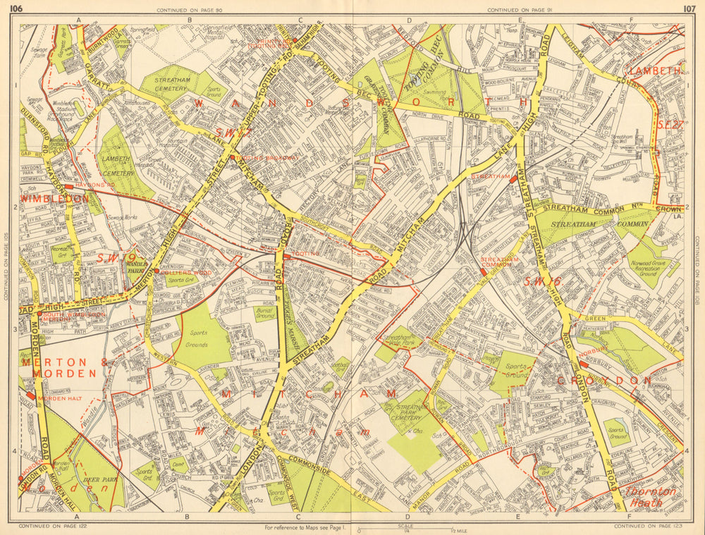 STREATHAM SW16 SW19 SW17 Mitcham Tooting Norbury. GEOGRAPHERS' A-Z 1948 map