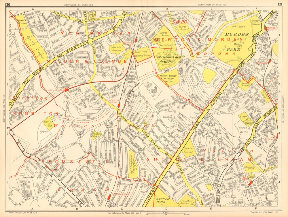 WORCESTER PARK Morden Sutton New Malden Ewell. GEOGRAPHERS' A-Z 1948 old map
