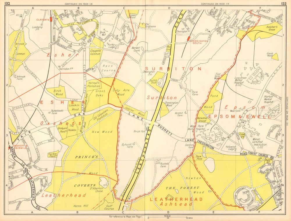 LONDON SW Chessington Claygate Oxshott Surbiton Epsom. GEOGRAPHERS' A-Z 1948 map