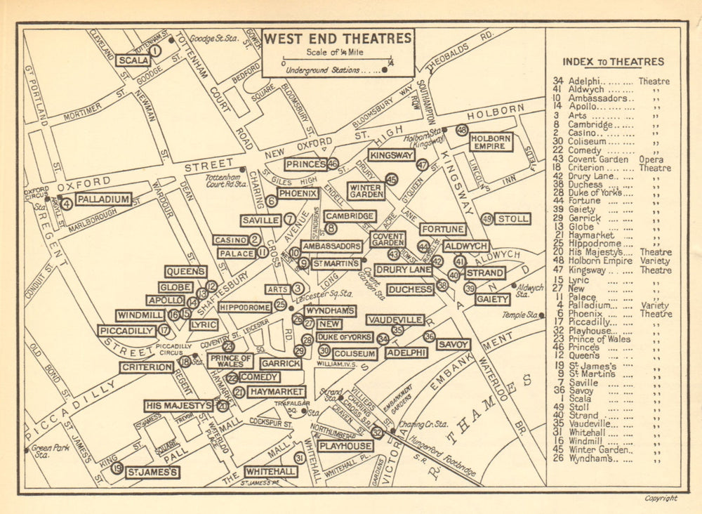 LONDON West End Theatres. GEOGRAPHERS' A-Z 1948 old vintage map plan chart