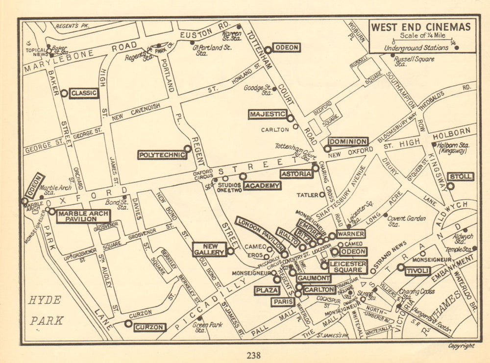 LONDON West End Cinemas. News Cinemas (unboxed). GEOGRAPHERS' A-Z 1948 old map