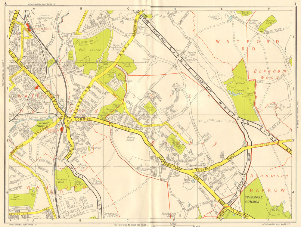 BUSHEY & WATFORD Borehamwood Stanmore Common. GEOGRAPHERS' A-Z 1959 old map