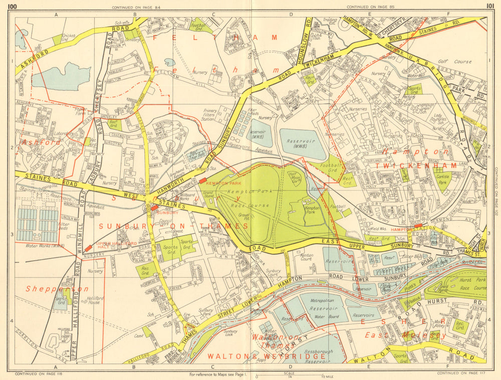 SUNBURY-ON-THAMES Hampton East Molesey Kempton Park. GEOGRAPHERS' A-Z 1959 map
