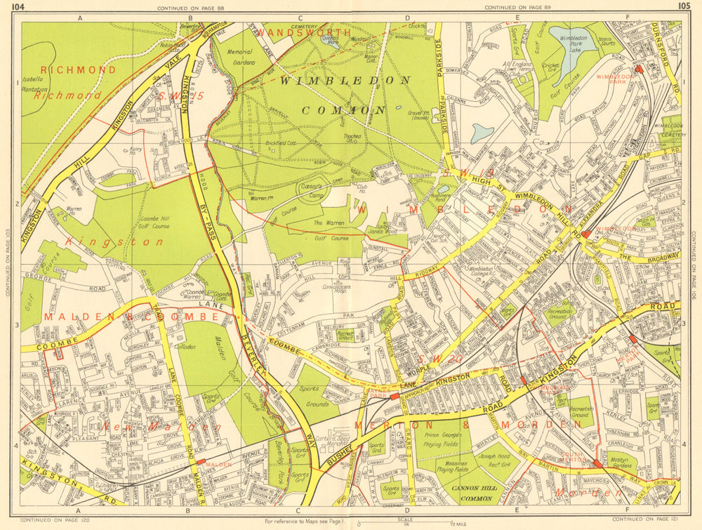 LONDON SW19 SW20 Wimbledon New Malden Kingston Merton. GEOGRAPHERS' A-Z 1959 map