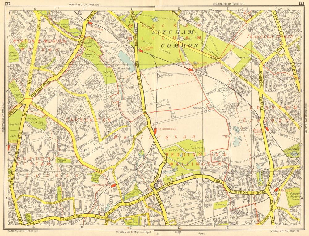 SUTTON Carshalton Morden Mitcham Common Croydon. GEOGRAPHERS' A-Z 1959 old map