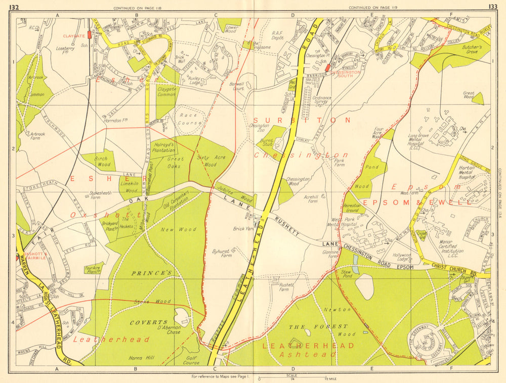 LONDON SW Chessington Claygate Oxshott Surbiton Epsom. GEOGRAPHERS' A-Z 1959 map