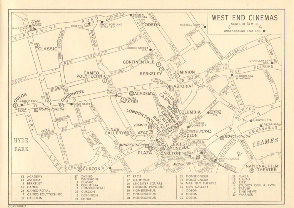 LONDON West End Cinemas. News Cinemas (square). GEOGRAPHERS' A-Z 1959 old map
