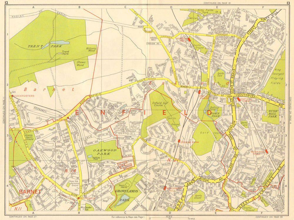 ENFIELD N21 N14 Winchmore Hill Southgate Cockfosters. GEOGRAPHERS' A-Z 1964 map