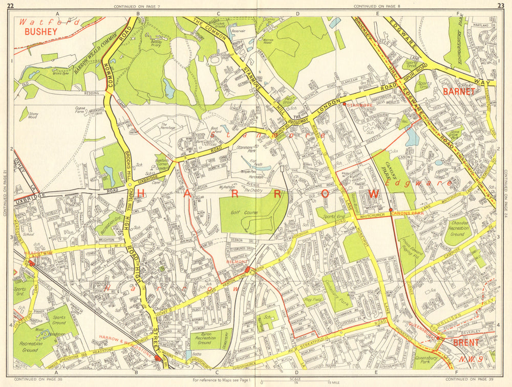 HARROW STANMORE Edgware Queensbury Belmont Wealdstone. GEOGRAPHERS' A-Z 1964 map