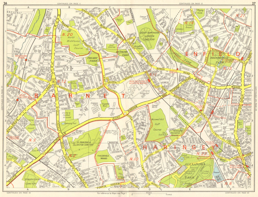LONDON N Southgate Finchley Wood Green Arnos Grove. GEOGRAPHERS' A-Z 1964 map
