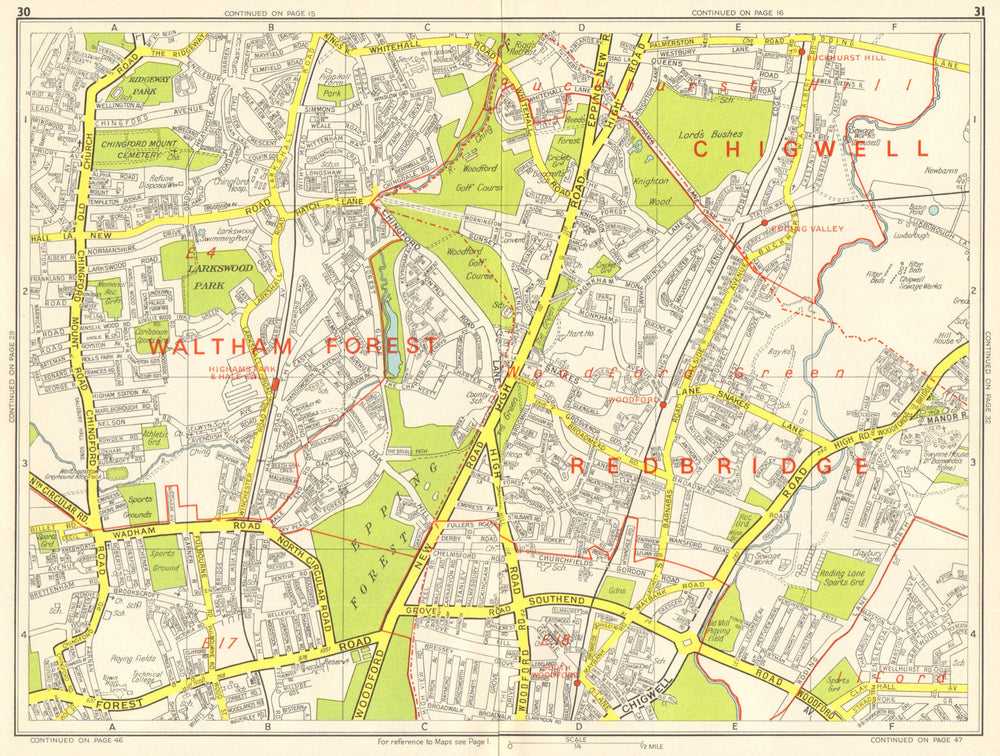WOODFORD GREEN CHINGFORD Buckhurst Hill Walthamstow. GEOGRAPHERS' A-Z 1964 map