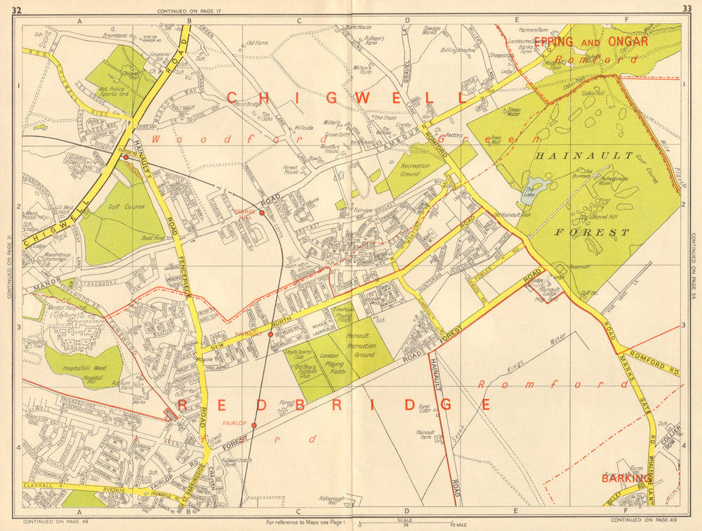 ILFORD CHIGWELL Grange Hill Woodford Green Hainault. GEOGRAPHERS' A-Z 1964 map