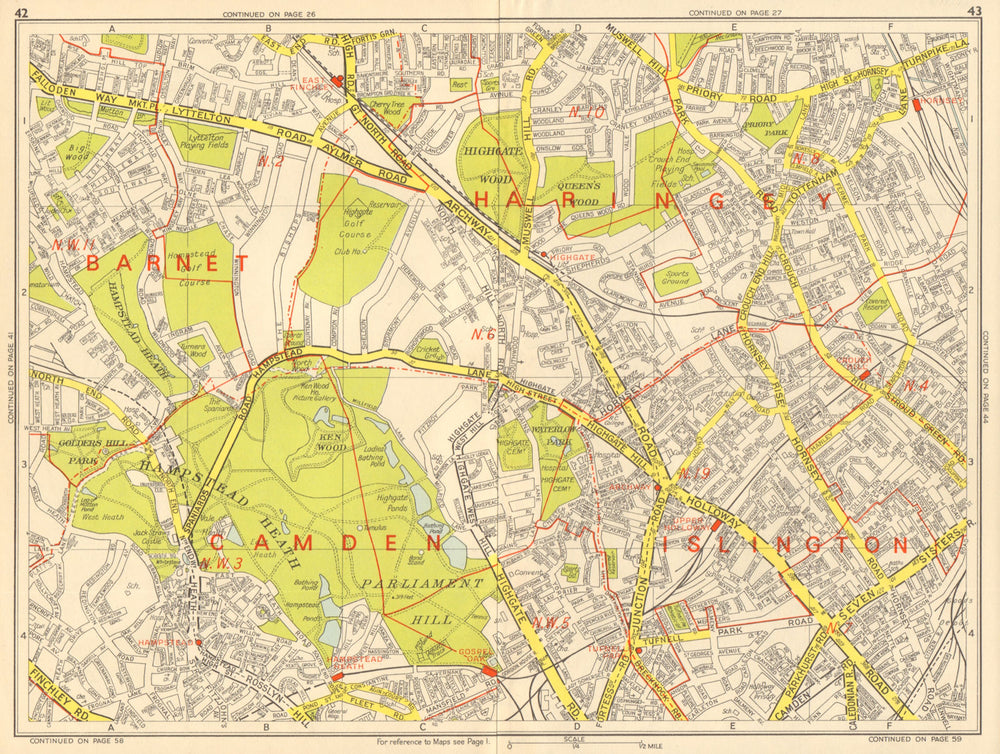 HAMPSTEAD Finchley Tufnell Park Crouch Hill Hornsey. GEOGRAPHERS' A-Z 1964 map