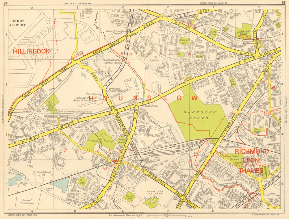 HOUNSLOW Feltham Twickenham Heathrow Airport. GEOGRAPHERS' A-Z 1964 old map