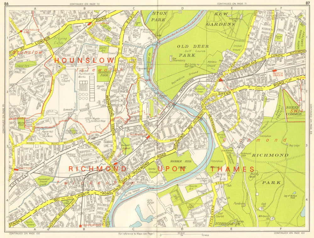 RICHMOND ISLEWORTH TWICKENHAM North Sheen Hounslow. GEOGRAPHERS' A-Z 1964 map