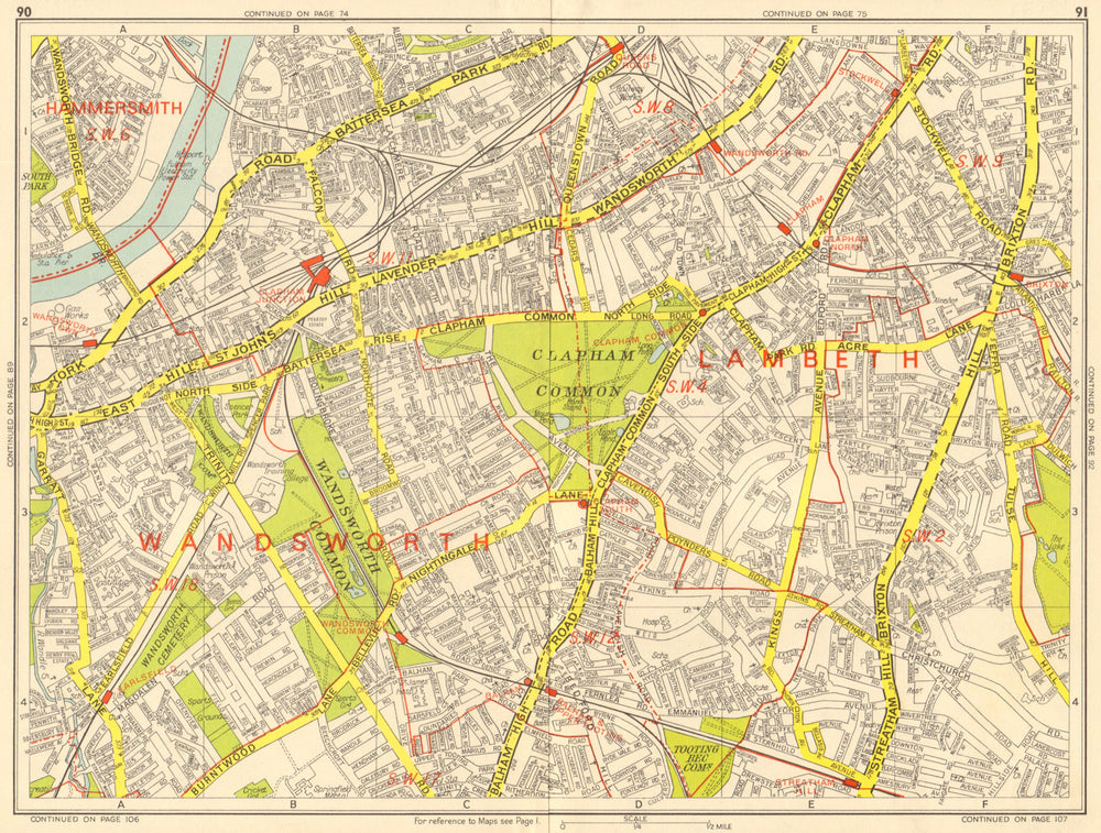 CLAPHAM BATTERSEA Brixton Stockwell Wandsworth Balham. GEOGRAPHERS' A-Z 1964 map