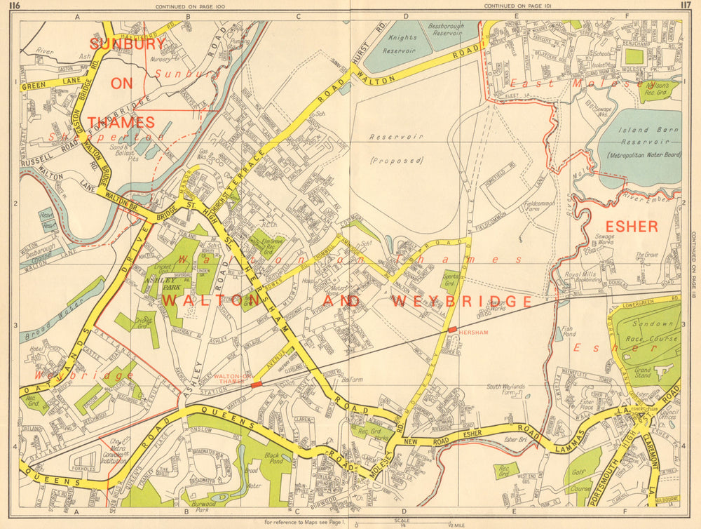WALTON-ON-THAMES Shepperton Sunbury Esher East Molesey. GEOGRAPHERS A-Z 1964 map