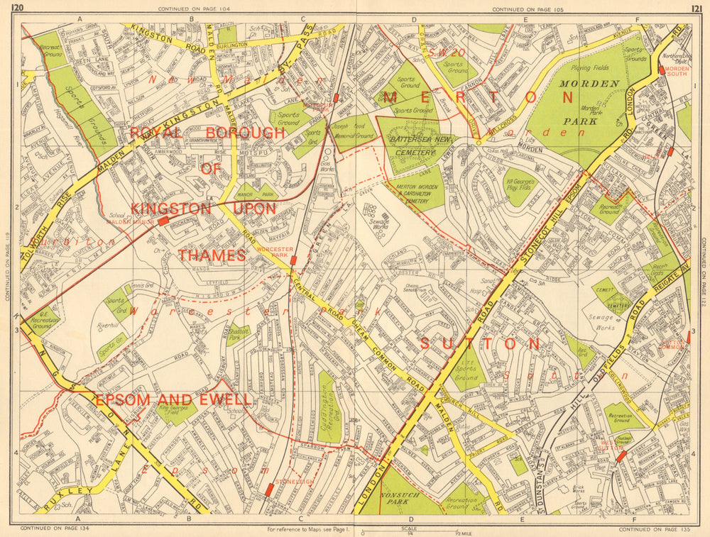 WORCESTER PARK Morden Sutton New Malden Ewell. GEOGRAPHERS' A-Z 1964 old map