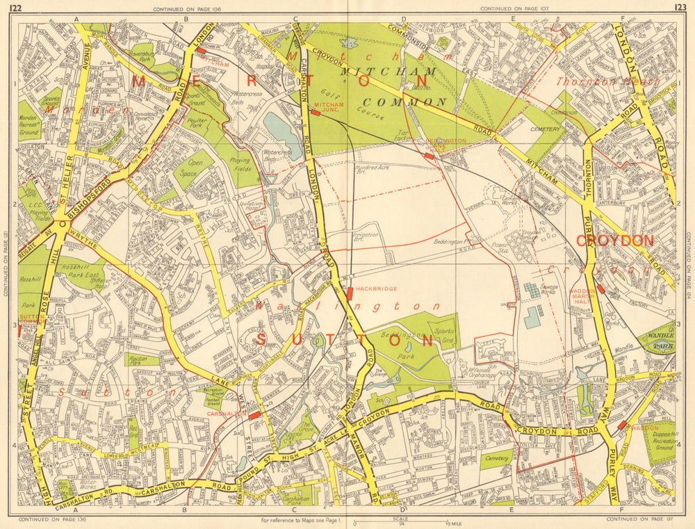 SUTTON Carshalton Morden Mitcham Common Croydon. GEOGRAPHERS' A-Z 1964 old map