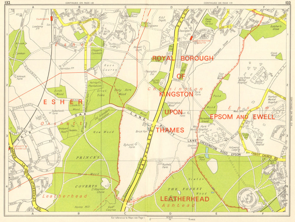 LONDON SW Chessington Claygate Oxshott Surbiton Epsom. GEOGRAPHERS' A-Z 1964 map