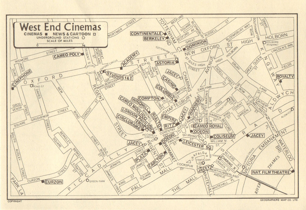 LONDON West End Cinemas. News Cinemas (square). GEOGRAPHERS' A-Z 1964 old map