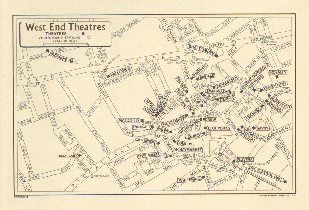 LONDON West End Theatres. GEOGRAPHERS' A-Z 1964 old vintage map plan chart