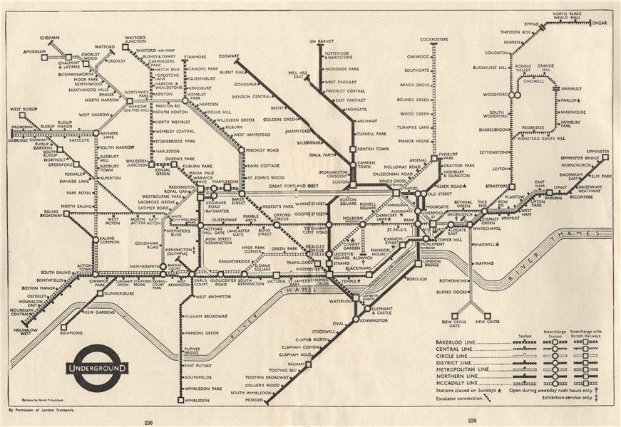 LONDON UNDERGROUND/TUBE. South Acton. Bakerloo Line to Watford. BECK 1964 map