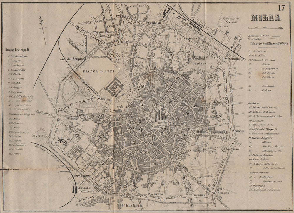 MILAN MILANO. Antique town plan. City map. Italy. BRADSHAW 1895 old