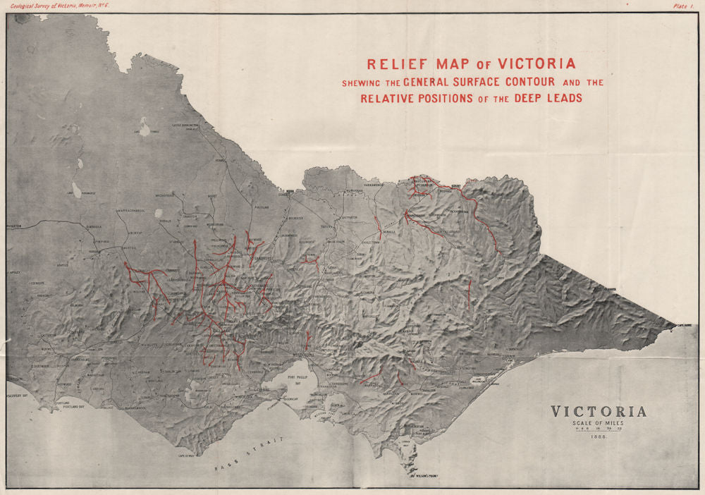VICTORIA AUSTRALIA relief. Relative positions of the deep leads. Mining 1909 map