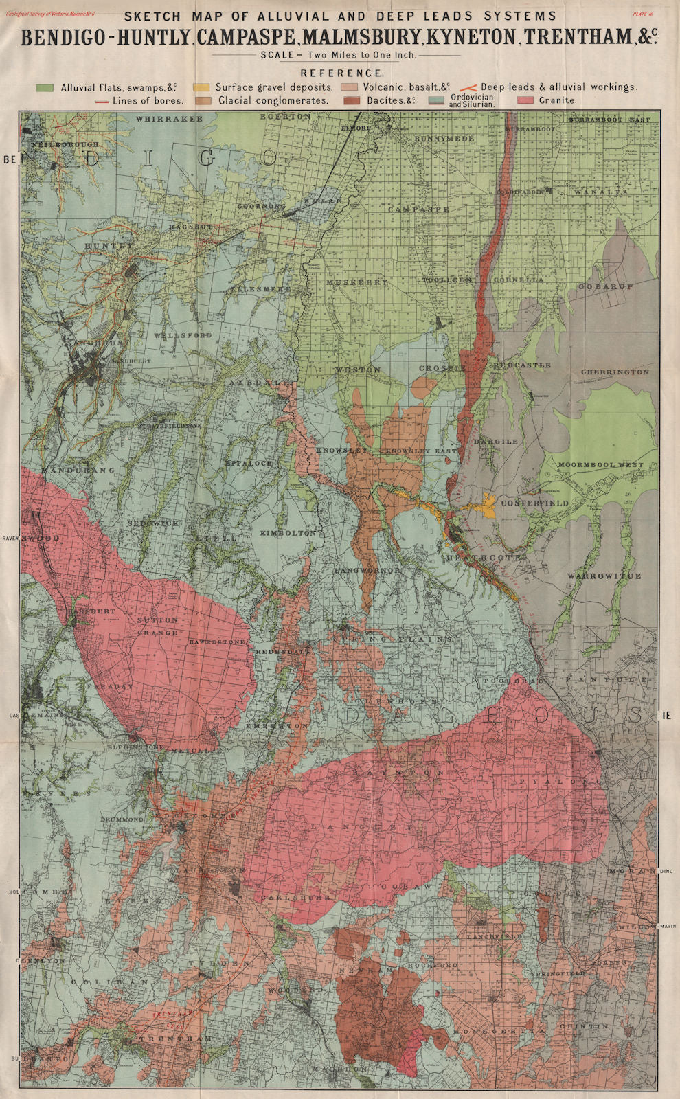 Bendigo-Huntly Campaspe Malmsbury Kyneton Trentham mines. Victoria 1909 map