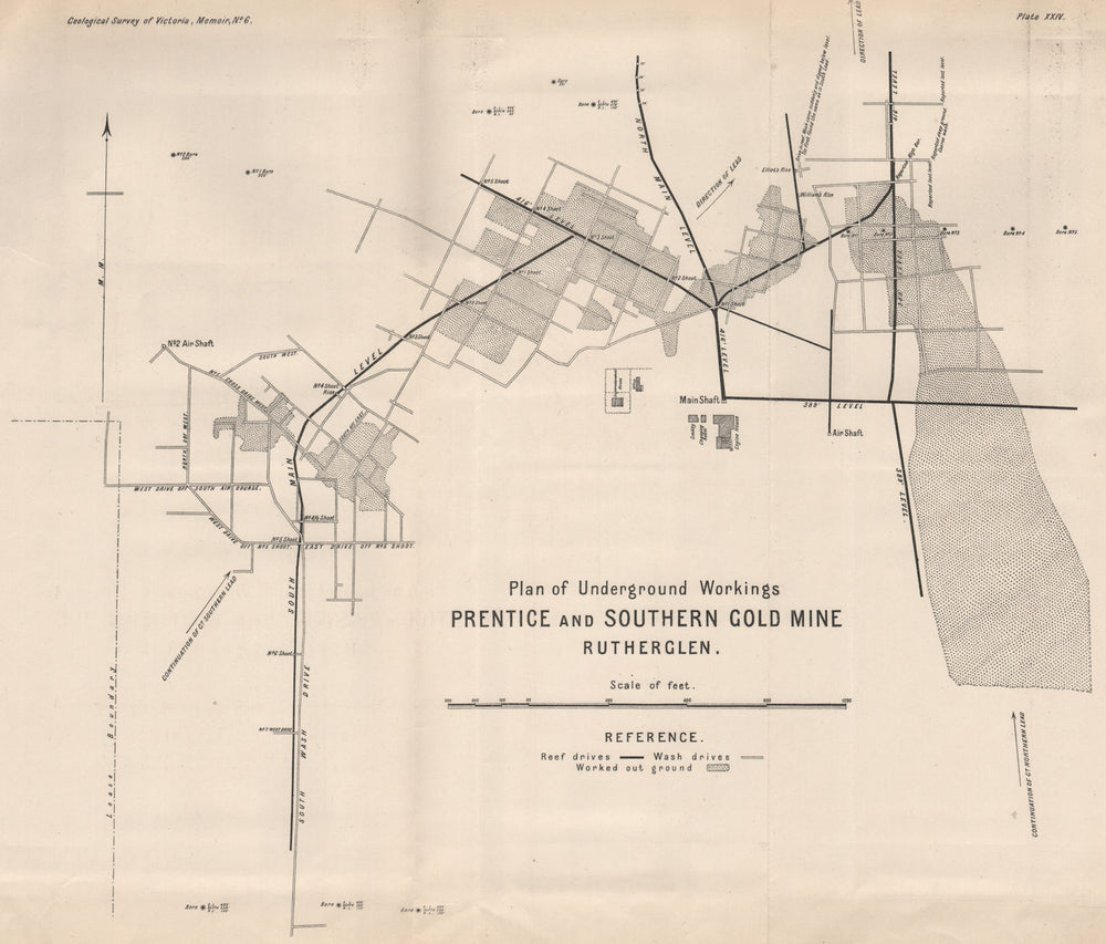 Prentice & Southern Gold Mine, Rutherglen. Victoria, Australia. Mining 1909 map