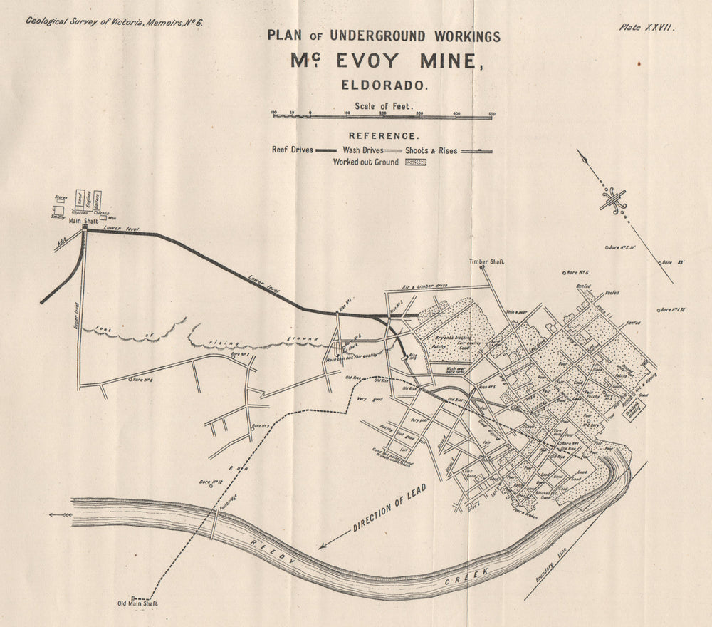 Mc. Evoy Mine, Eldorado. Victoria, Australia. Mining 1909 old antique map