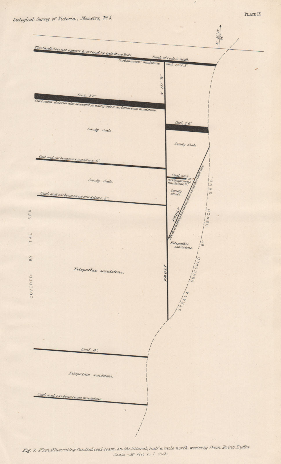 Faulted coal seam near Point Lydia, Victoria, Australia. Mining 1909 old map