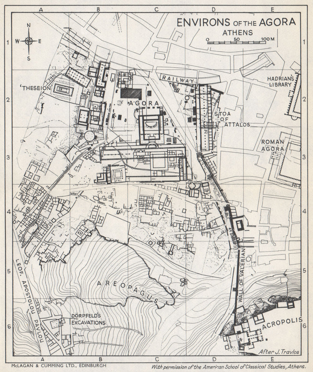THE AGORA & environs ground plan. Athens, Greece 1967 old vintage map chart