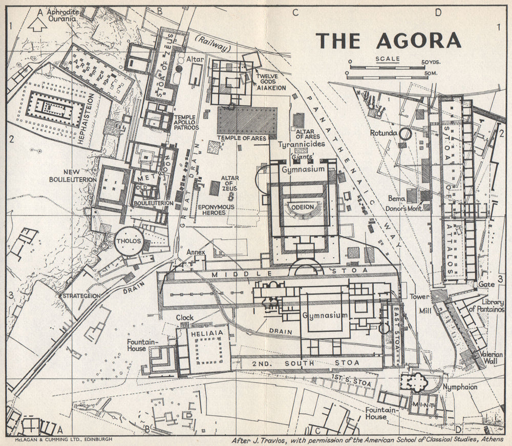 THE AGORA vintage ground plan. Athens, Greece 1967 old vintage map chart