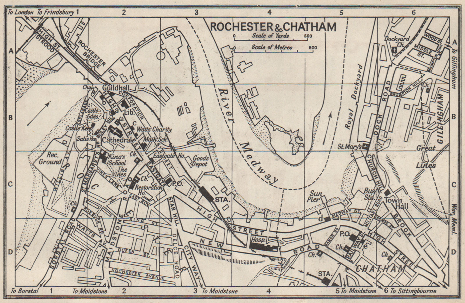 ROCHESTER & CHATHAM vintage town city map plan. Kent 1957 old vintage ...
