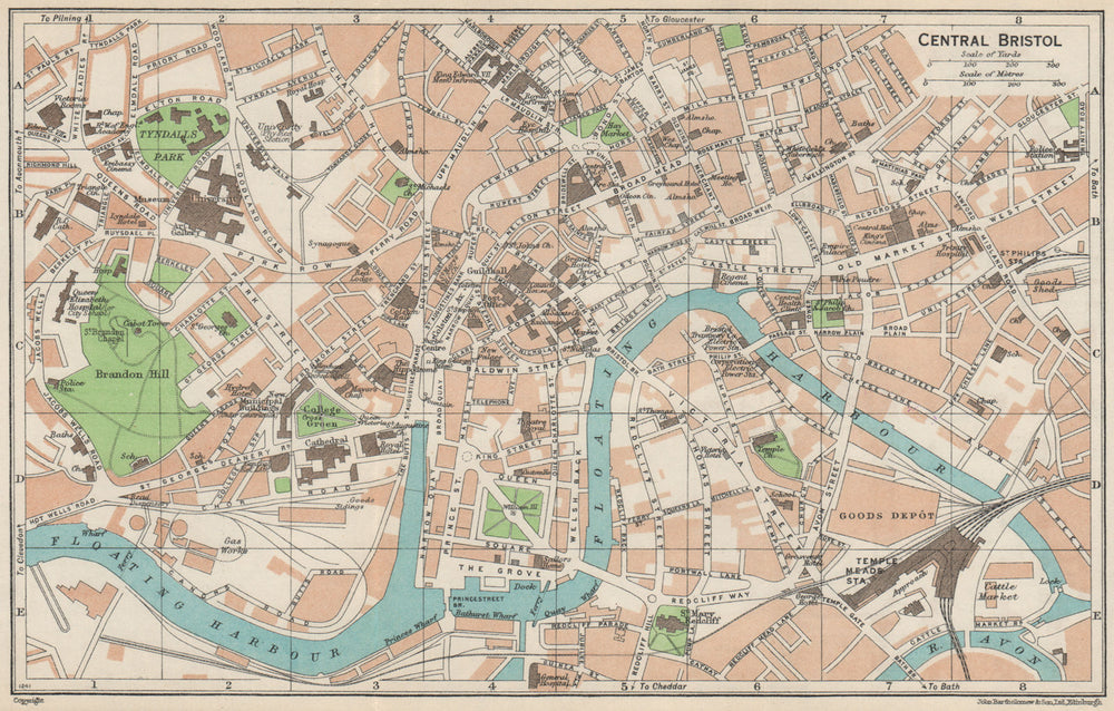 BRISTOL CENTRAL. Vintage town city map plan. Gloucestershire 1957 old