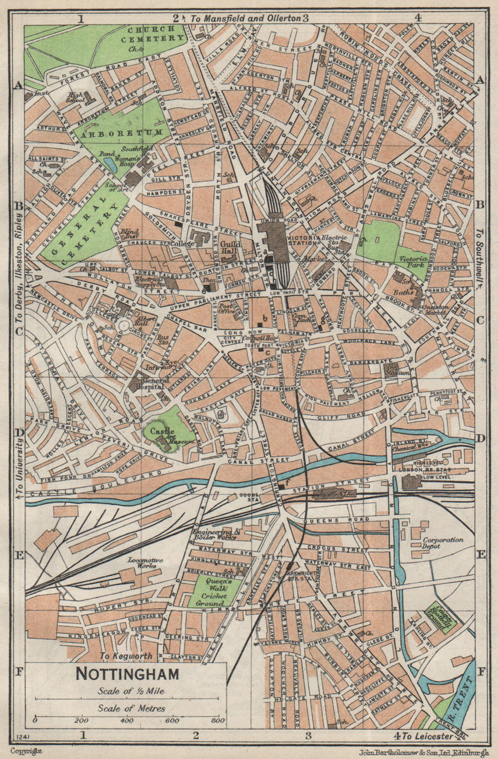 NOTTINGHAM. Vintage town city map plan. Nottinghamshire 1957 old vintage