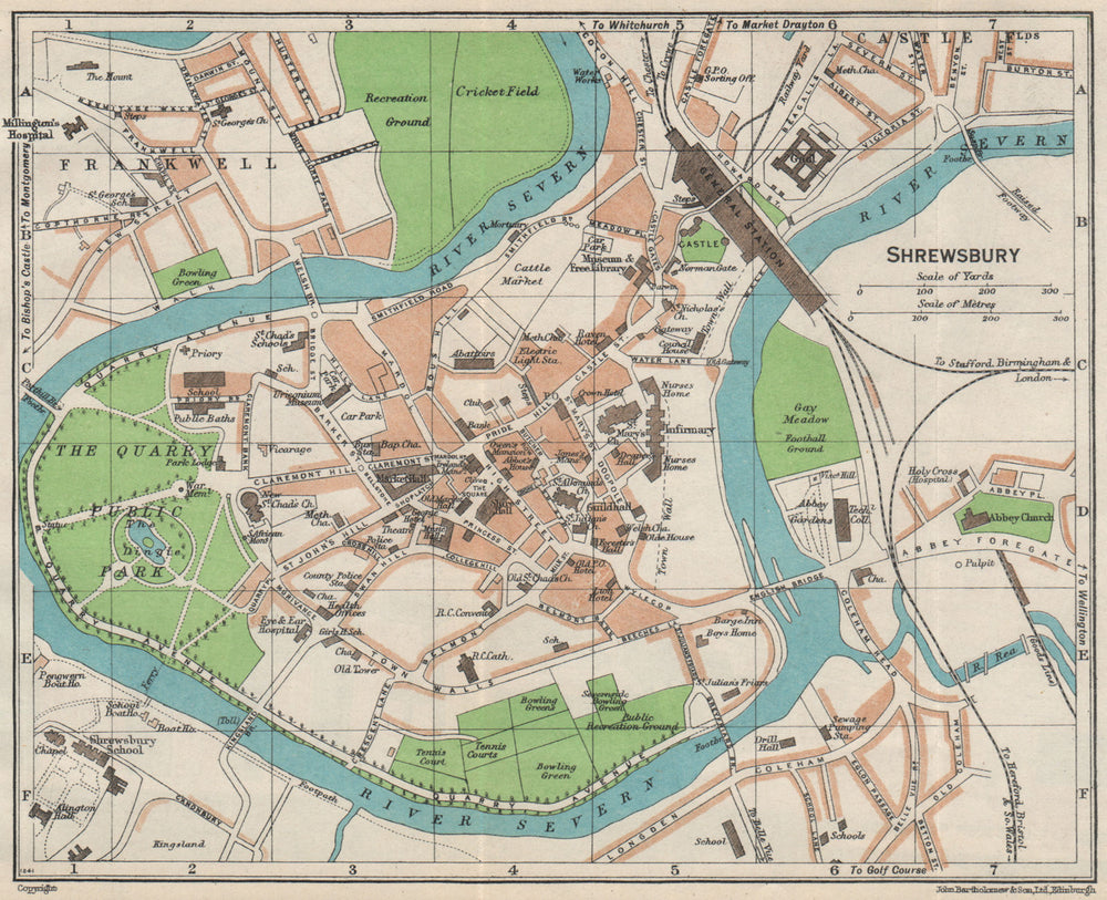 SHREWSBURY. Vintage town city map plan. Shropshire 1957 old vintage chart
