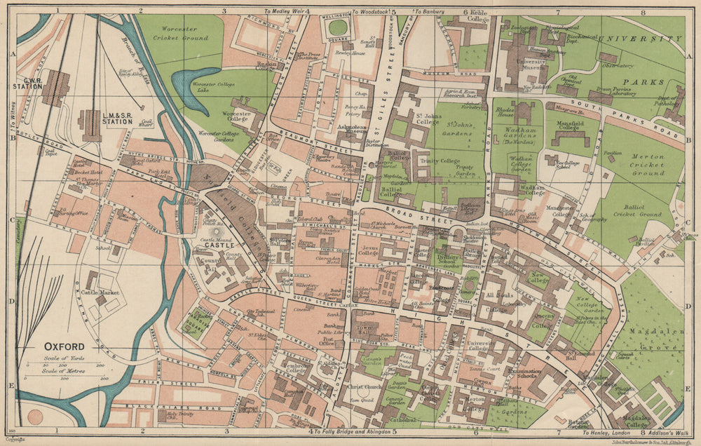OXFORD. Vintage town city map plan. Oxfordshire. Colleges 1939 old vintage