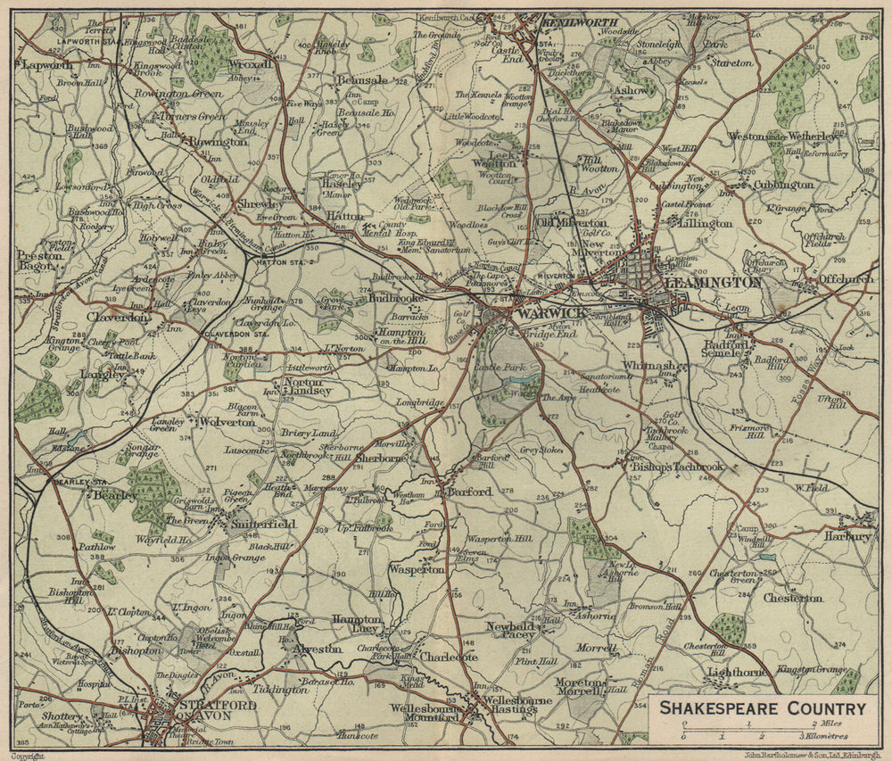 SHAKESPEARE COUNTRY. Stratford-on-Avon Warwick Leamington Spa. Warcs 1939 map
