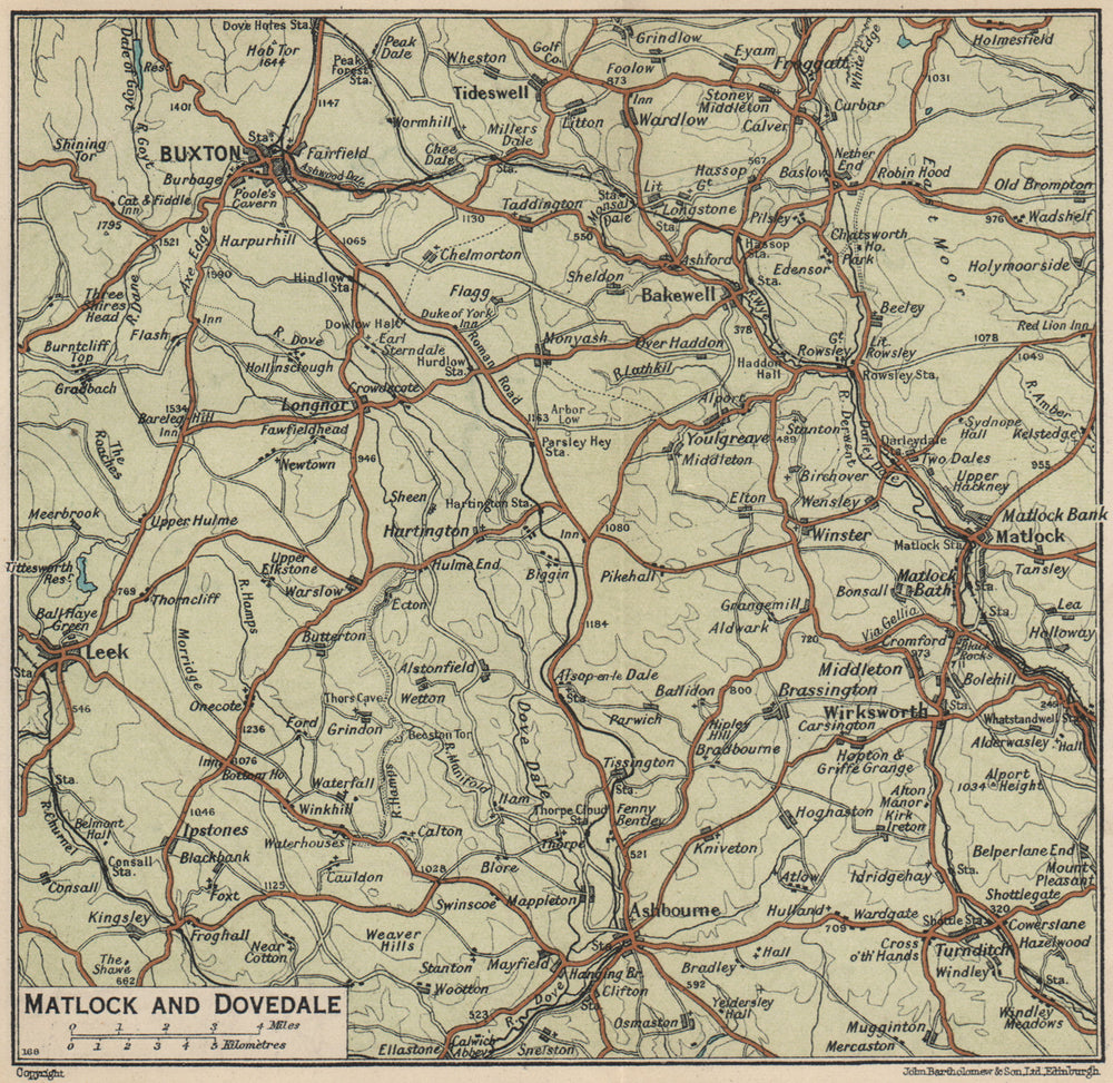 PEAK DISTRICT Matlock Dovedale Buxton Bakewell Ashbourne Derbyshire 1939 map