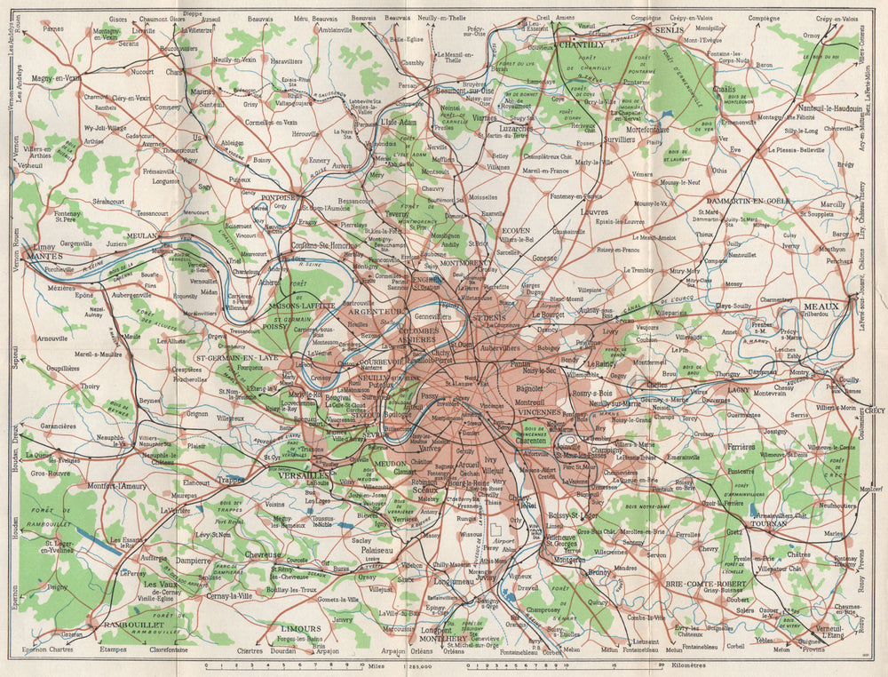 PARIS & environs. Ile de France 1960 old vintage map plan chart